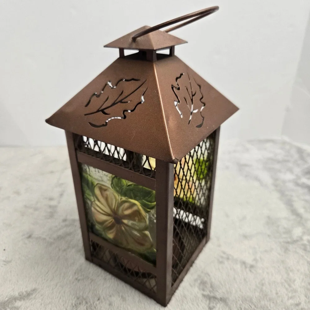 Copper Tone Metal Leaf Cutout Tea Light Lantern Painted Floral Glass Panels